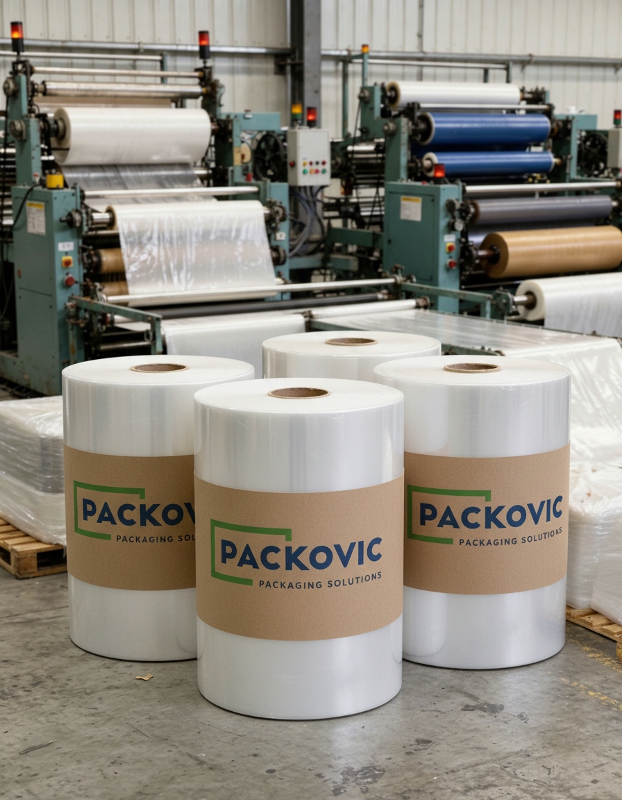 industrial plastic film roll, packaging sheet material, product photography, white background